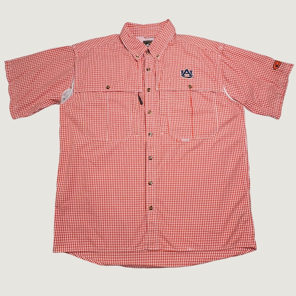 Drake Fishing Shirt Mens M Orange Gingham Auburn Tigers Ventilated Performance